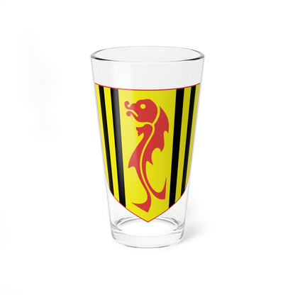 Yellow shield with black vertical stripes at each side and a red serpent-like creature curving up the centre.