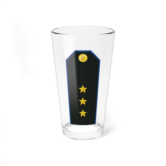 Near-black military shoulder board with a blue border, three gold stars down the centre and a gold emblem at top.