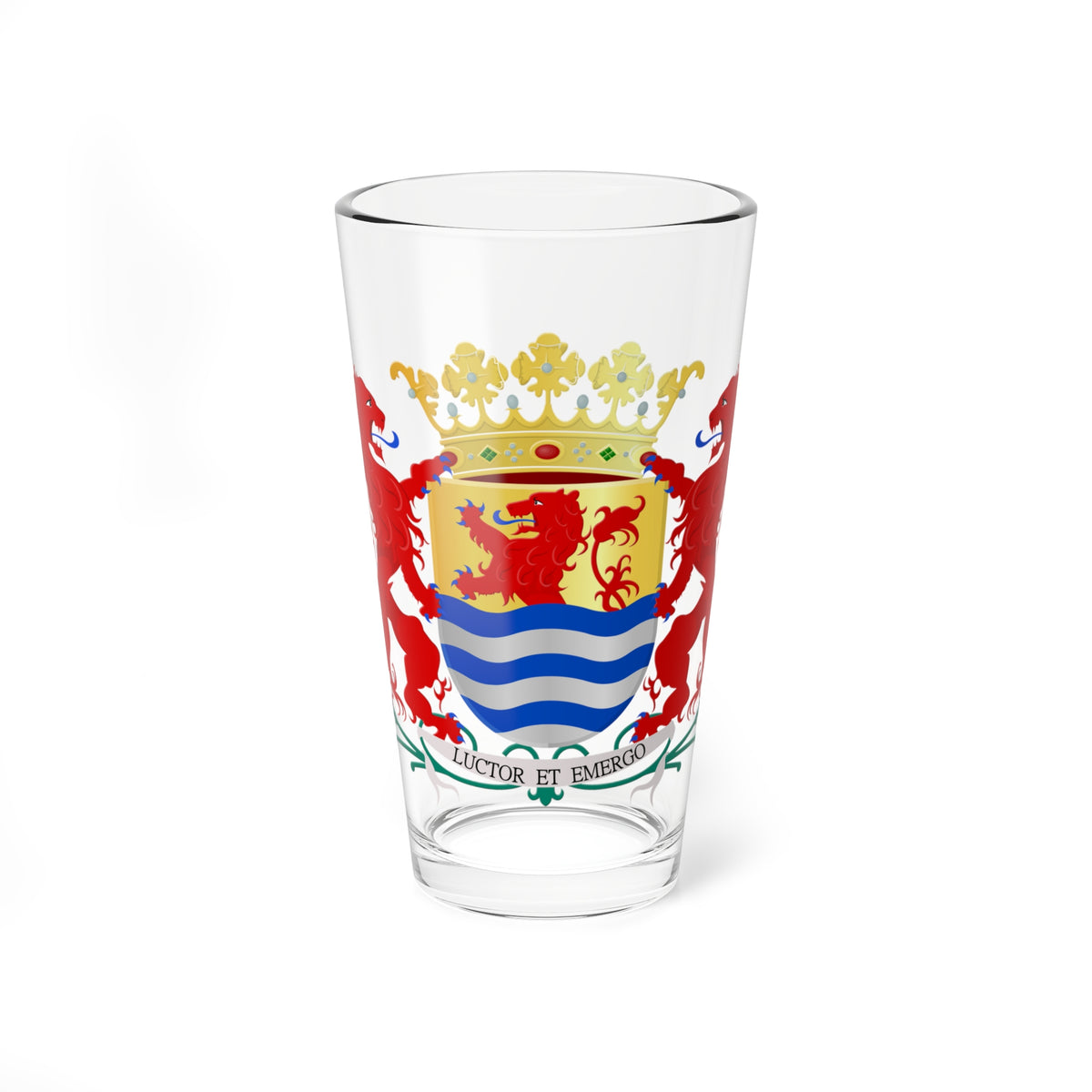 Coat of arms with two red lion supporters, a red lion on gold above blue and silver waves, and a Latin motto scroll.
