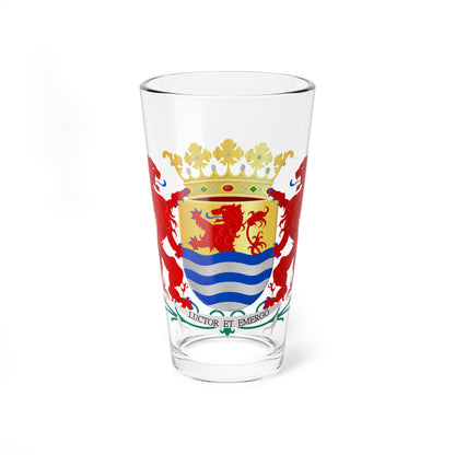 Coat of arms with two red lion supporters, a red lion on gold above blue and silver waves, and a Latin motto scroll.