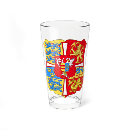 Quartered heraldic shield in red, gold and blue with blue lions, a golden dragon and a white horse in the centre.