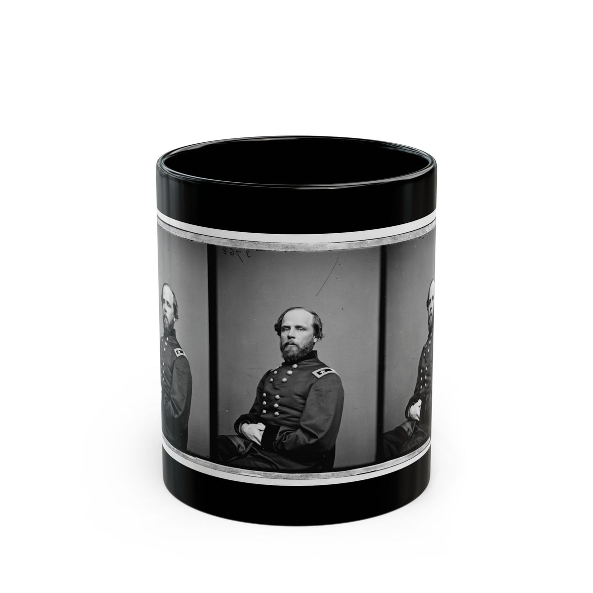 Black and white vintage triptych of one seated bearded man in a dark military coat, repeated in three panels.