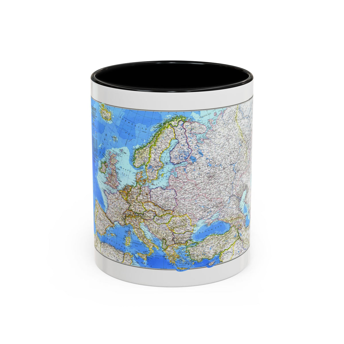 National Geographic political map of Europe in cream and ocean blue, showing national borders and seas.