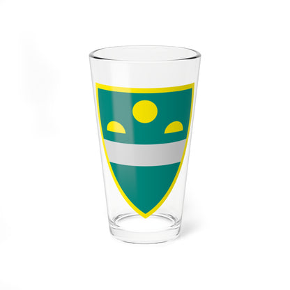 Teal heraldic shield with a gold disc, two half-discs above it and a pale grey band, edged in yellow.