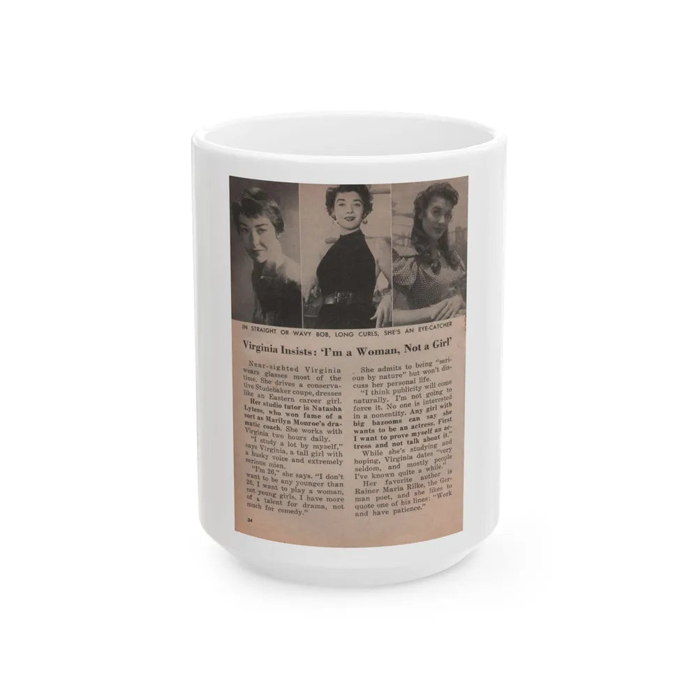 Virginia Leith #45 - People Today Pocket Mag. 2-23-55 - 3 Small B&W Photos, Caption & Article ending (Vintage Female Icon) White Coffee Mug-15oz-Go Mug Yourself