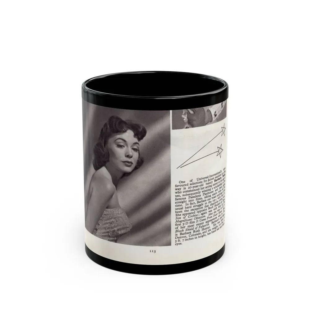 Barbara Rush #278 - 5.25x7.25 B&W Magazine Page Clipping Glamour Photo & Caption (Vintage Female Icon) Black Coffee Mug-11oz-Go Mug Yourself