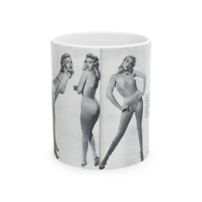 Jayne Mansfield #317 - Pages 42 & 43 Pages 3 & 4 of 6 featuring, Jayne+3 B&W Photos & Caption from Pageant Digest Mag. June '55 (Vintage Female Icon) White Coffee Mug-11oz-Go Mug Yourself