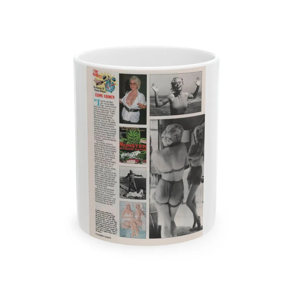 Jeanne Carmen #155 - Celebrity Sleuth Magazine Page Article, 4 Photos, 1 Art & Poster on Page 12 (Vintage Female Icon) White Coffee Mug-11oz-Go Mug Yourself