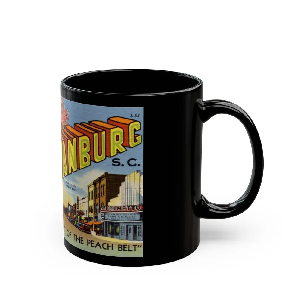 Greetings from Spartanburg SC in the heart of the Peach Belt (Greeting Postcards) Black Coffee Mug-Go Mug Yourself