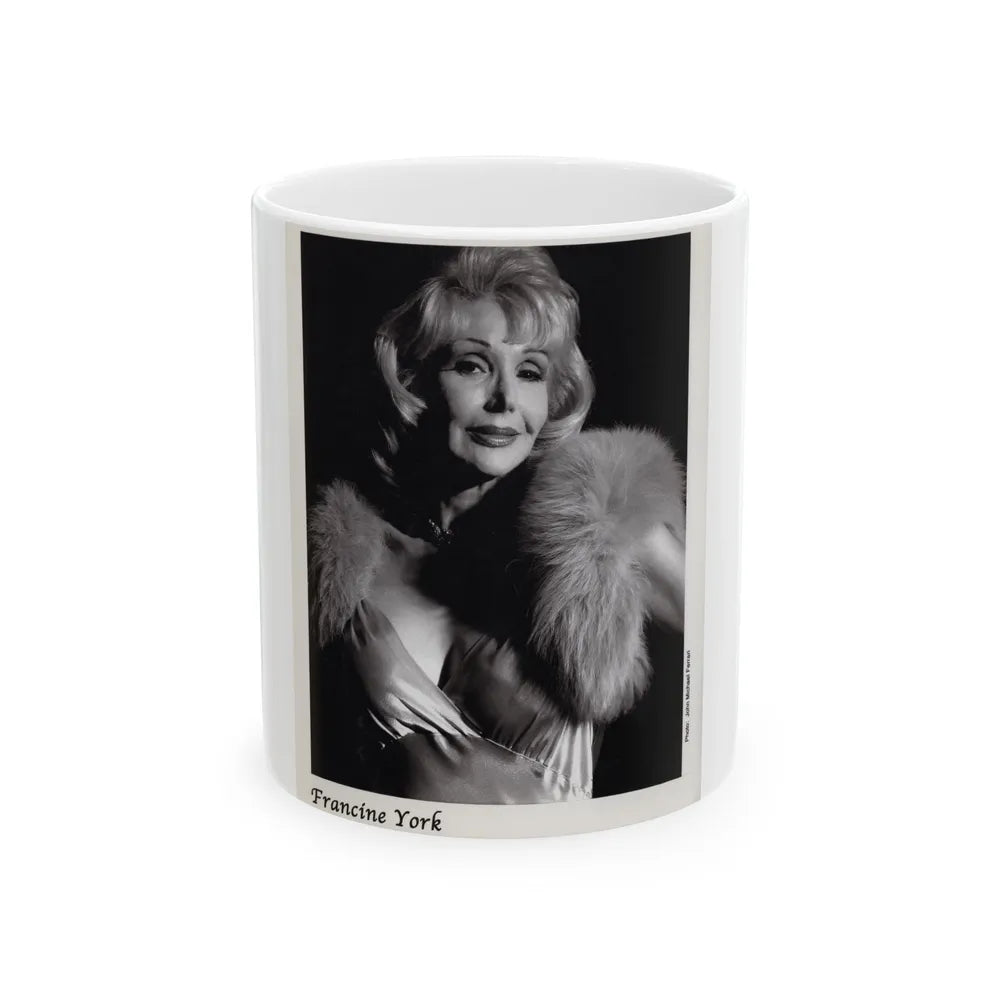 Francine York #171 - 8x10 B&W very recent Upper Body Glamour Night Gown with, Fur Photo on Postcard Paper (Vintage Female Icon) White Coffee Mug-11oz-Go Mug Yourself