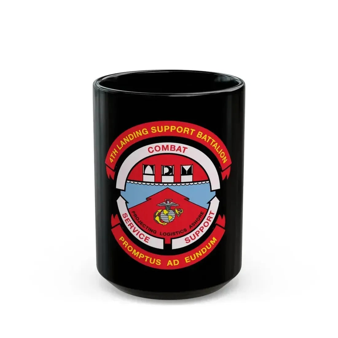 4th Landing Support Battalion Promptus Ad Eundum (USMC) Black Coffee Mug 15oz - Go Mug Yourself