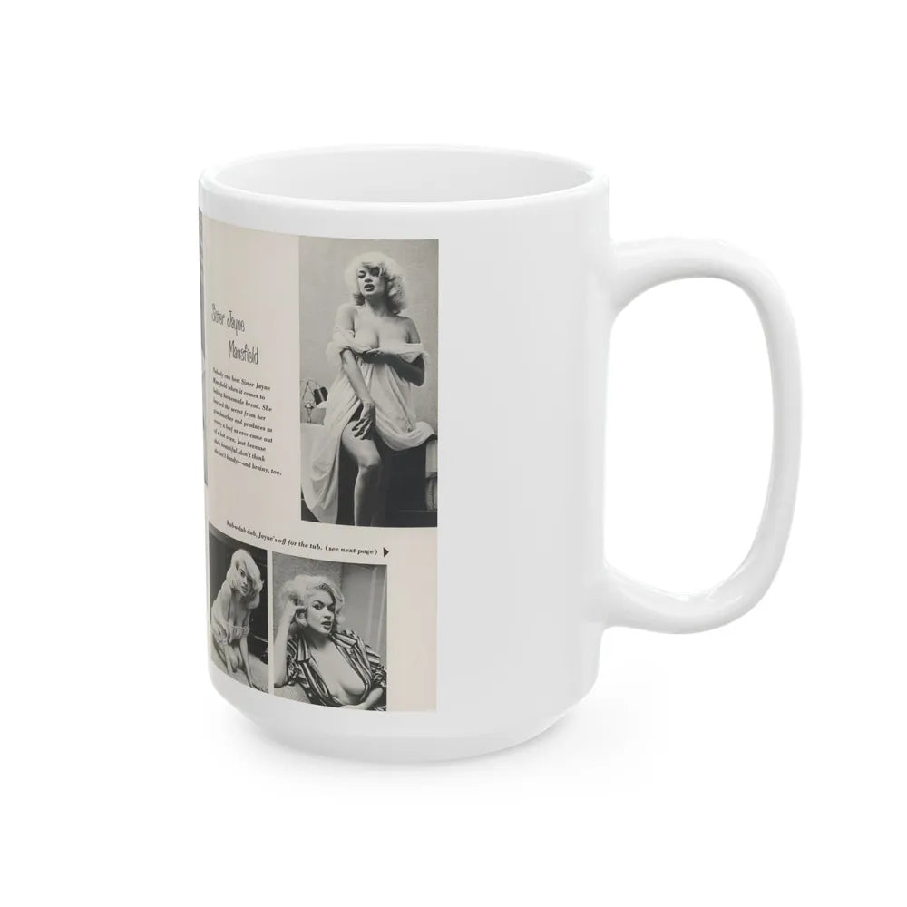 Jayne Mansfield #313 - Pages 1 & 2 of 4 with, 5 B&W Photos, Captions & Article from SCAMP Magazine May '57 (Vintage Female Icon) White Coffee Mug-Go Mug Yourself