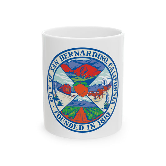 Full-colour circular seal of San Bernardino, California, with a red locomotive, peach, covered wagon and orange groves.