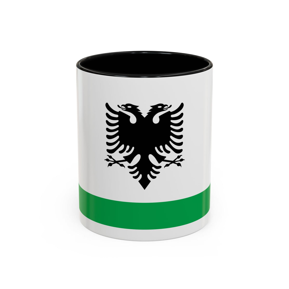 White flag with a large black double-headed eagle and a green band along the bottom edge.