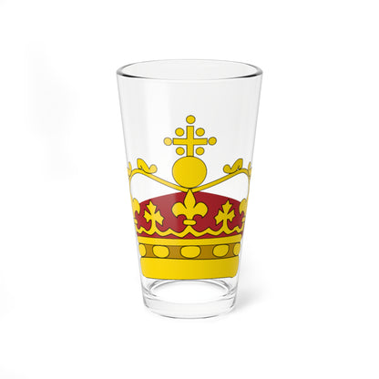 Gold royal crown with a crimson cap, fleurs-de-lis, a jewelled band and an orb topped by a cross finial.