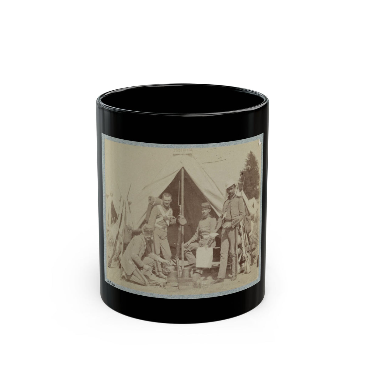 Sepia print showing four soldiers gathered around a cooking fire beside a canvas tent, with rifles stacked nearby.