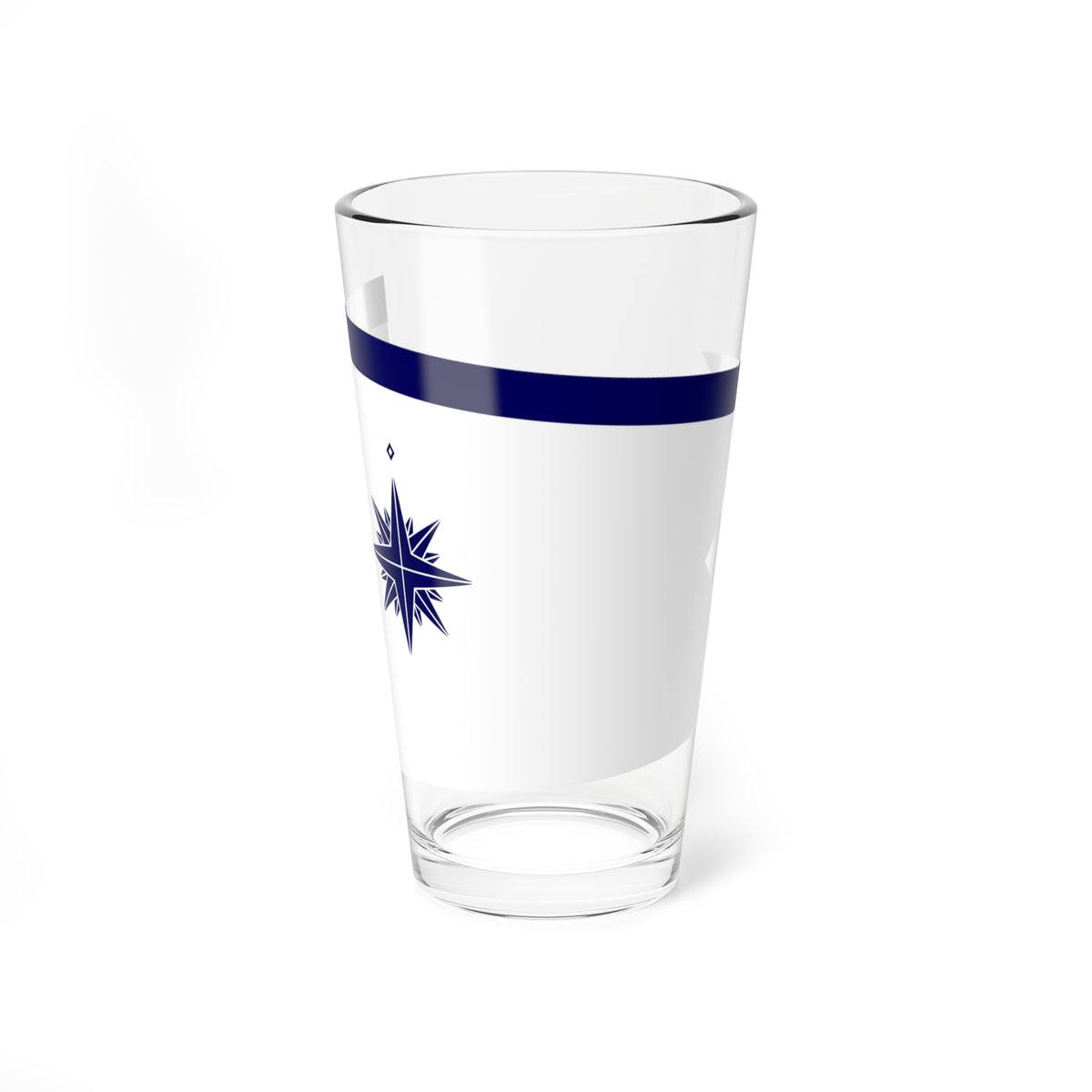 Navy blue compass rose and diagonal stripe on a plain white background in a minimalist nautical design.
