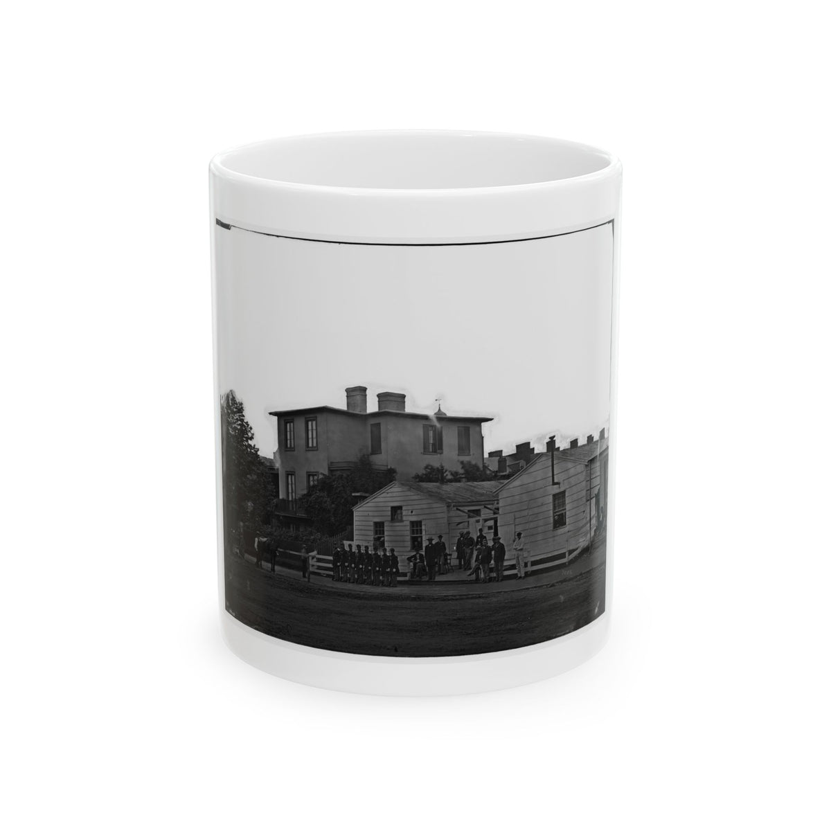 Washington, District Of Columbia. Eight Soldiers In Formation In Front Of Temporary Buildings (U.S. Civil War) White Coffee Mug