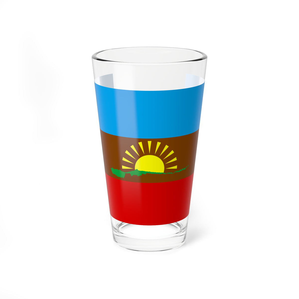 Flag of blue, brown and red horizontal stripes with a green mountain silhouette and a yellow rising sun.