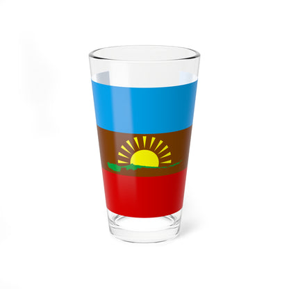 Flag of blue, brown and red horizontal stripes with a green mountain silhouette and a yellow rising sun.