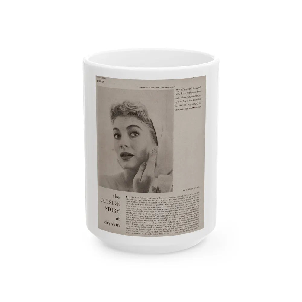 Lori Nelson #219 - Vintage B&W 8x10.5 Photo Glamour Head & Shoulder Shot putting on skin cream an add 1 (Vintage Female Icon) White Coffee Mug-15oz-Go Mug Yourself