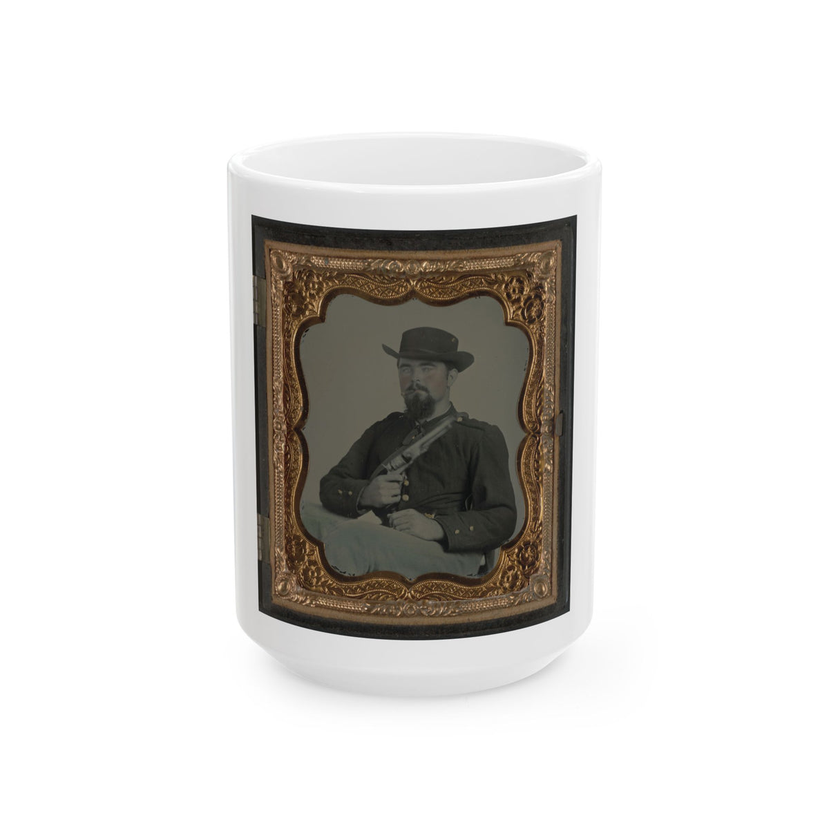 Private William B. Todd Of Company E, 9th Virginia Cavalry Regiment With Colt Army Revolver And Smoking A Cigar (U.S. Civil War) White Coffee Mug