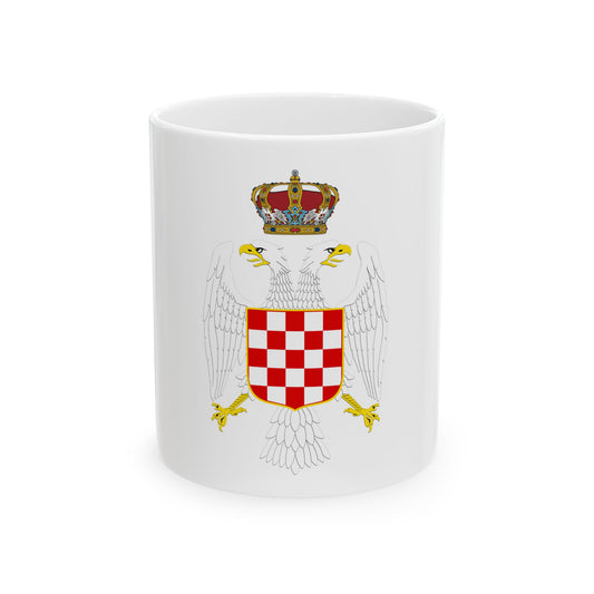 White double-headed eagle with gold beaks and talons holding a red and white checkerboard shield under a gold crown.