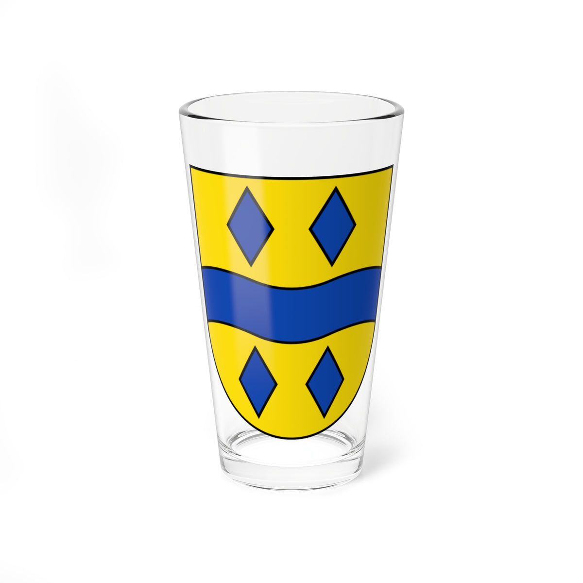 Yellow heraldic shield with four blue diamonds and a wavy blue horizontal band across the centre.