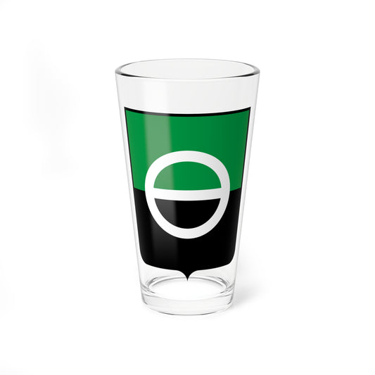 Shield split green over black, with a large white ring crossed by a horizontal white bar at its centre.