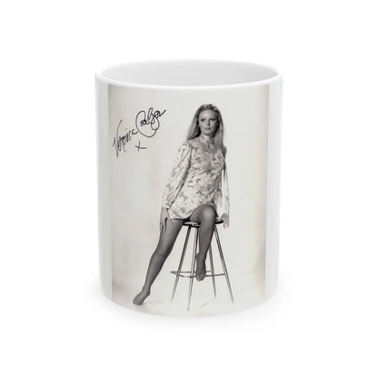 Veronica Carlson #09 - 8x10 B&W Glamour Full Body Dress & Stockings Shot #011 (Vintage Female Icon) White Coffee Mug-11oz-Go Mug Yourself