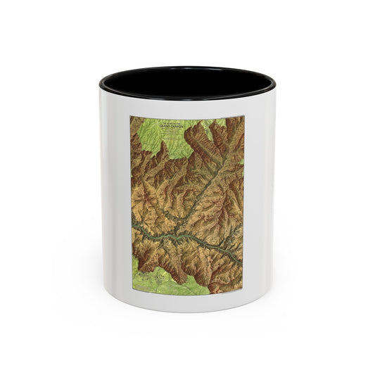 Shaded relief map of the Grand Canyon in ochre and rust tones, with a river winding between canyon ridges.