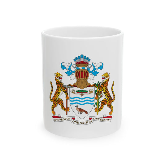 Heraldic coat of arms with two spotted jaguars, a shield of blue waves, a pheasant and a sheaf of rice.