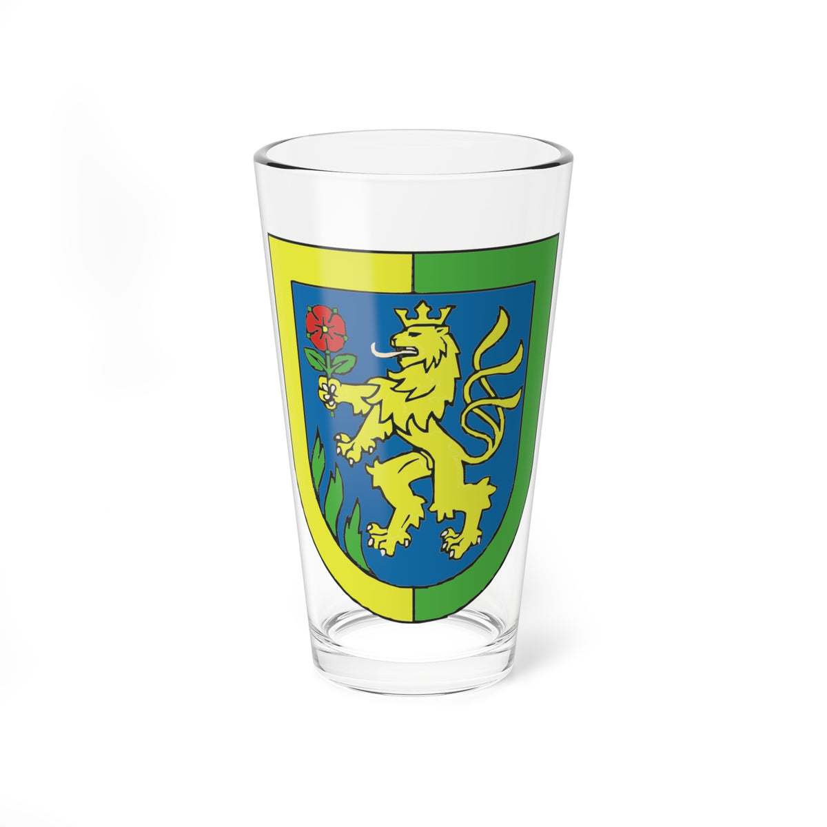 Shield-shaped crest with a crowned yellow lion holding a red rose on a blue field, bordered in yellow and green.