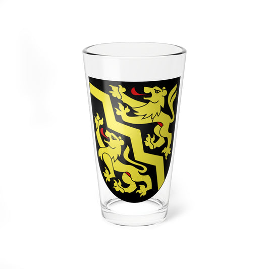 Flat heraldic shield in black with two gold lions and a gold zigzag band across the field.