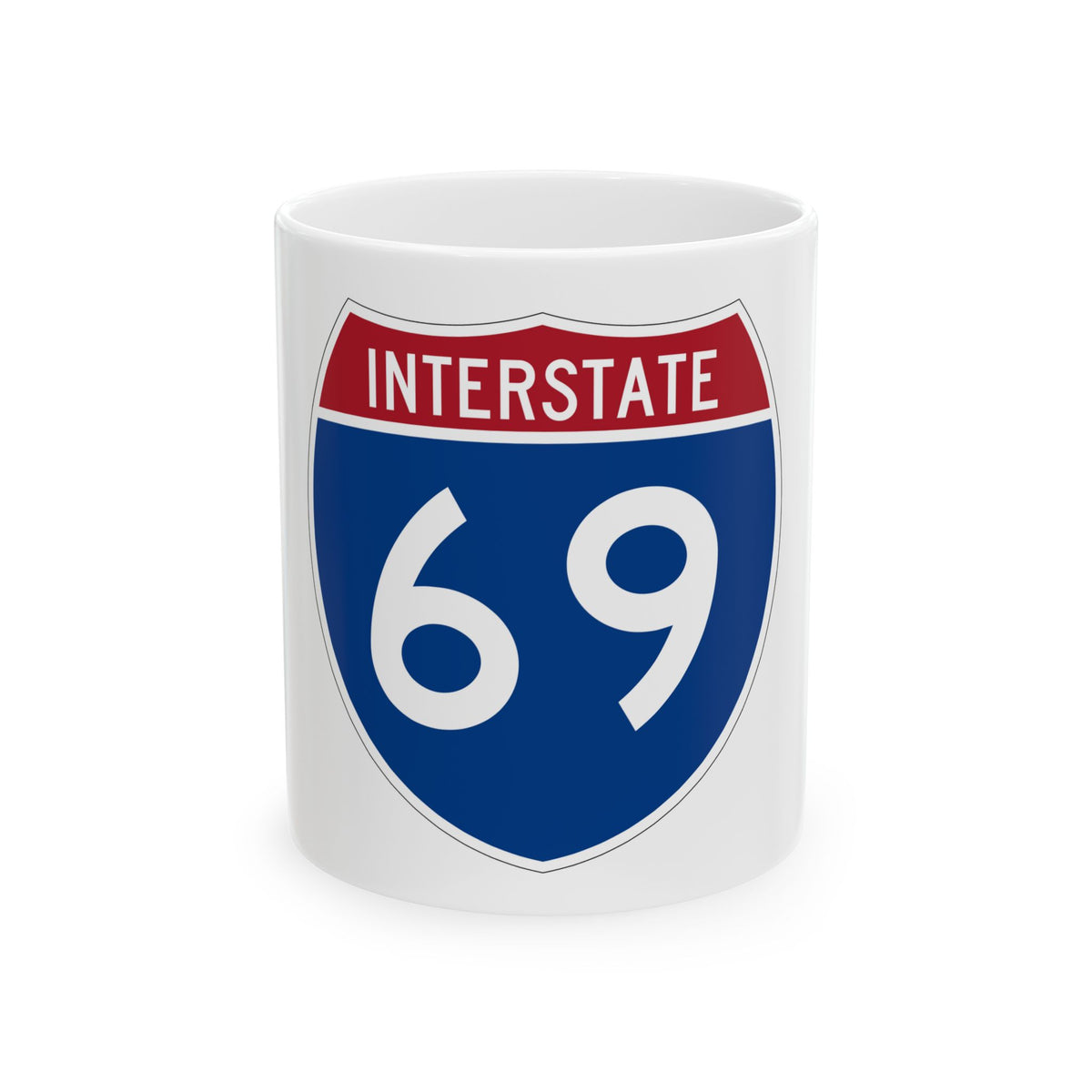 Flat vector US Interstate 69 route shield: white INTERSTATE above the number 69, set on navy blue.