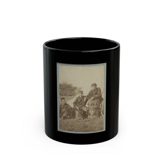 Sepia print showing three soldiers posed with snare drums in front of a white canvas tent.