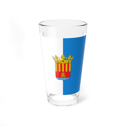 White and blue vertical bicolour flag with a small gold crowned coat of arms showing a castle.