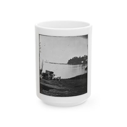 Belle Plain Landing, Virginia. Distance View Of Belle Plain Landing On The James River. (U.S. Mail Wagon 2nd Corps In Foreground) (U.S. Civil War) White Coffee Mug
