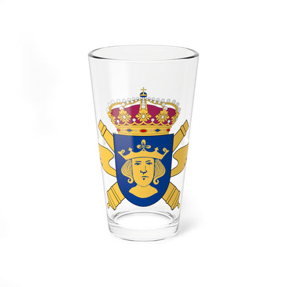 Military heraldic emblem with crossed gold cannons, gold wings and a crowned figure on a blue shield under a crown.