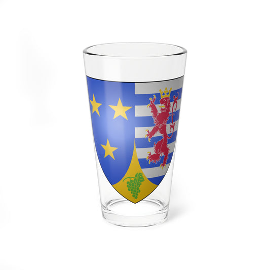 Blue heraldic shield with three gold stars, a crowned red lion on silver stripes and a base of green grapes.