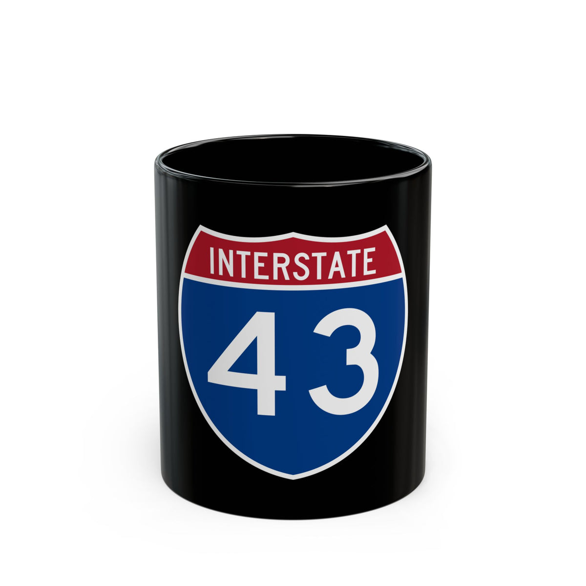 Navy and white Interstate 43 highway shield with a red INTERSTATE band across the top, in flat vector style.
