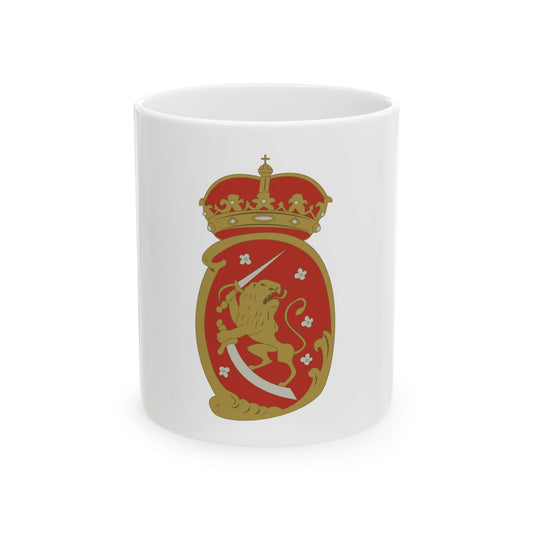 Red oval shield with a gold rampant lion holding a silver sword, topped by a gold crown and small white flowers.