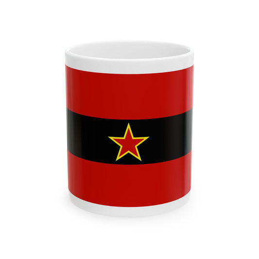Horizontal flag in crimson, black and red stripes, with a five-pointed star outlined in yellow on the black band.