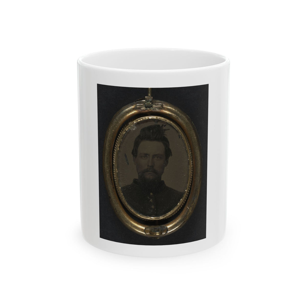 Sepia tintype head-and-shoulders portrait of a bearded man with swept-up hair, framed in an oval gold-toned locket.