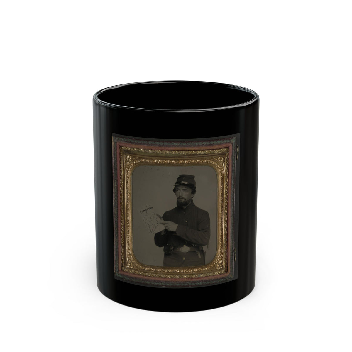 Antique tintype of a bearded soldier in a kepi holding a hand-drawn map labelled Virginia, in an ornate gold frame.