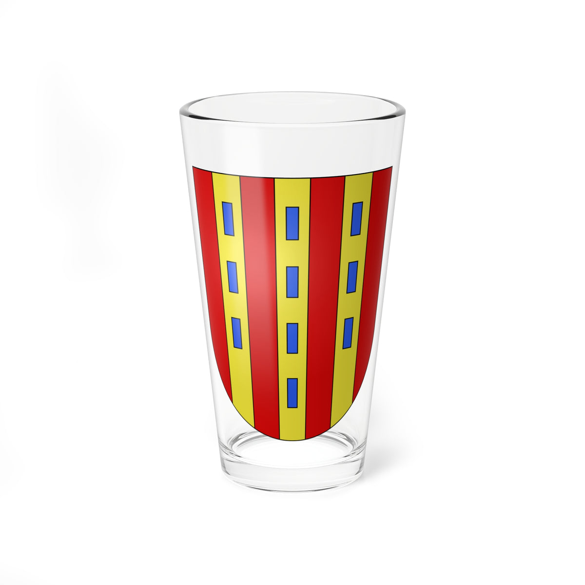Red and gold vertical striped heraldic shield with blue rectangles placed along the gold bands.