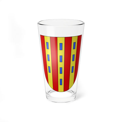 Red and gold vertical striped heraldic shield with blue rectangles placed along the gold bands.