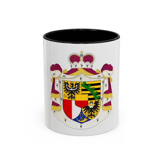Princely coat of arms with a quartered shield of black eagles, green clover wreath and gold stripes under a crown.