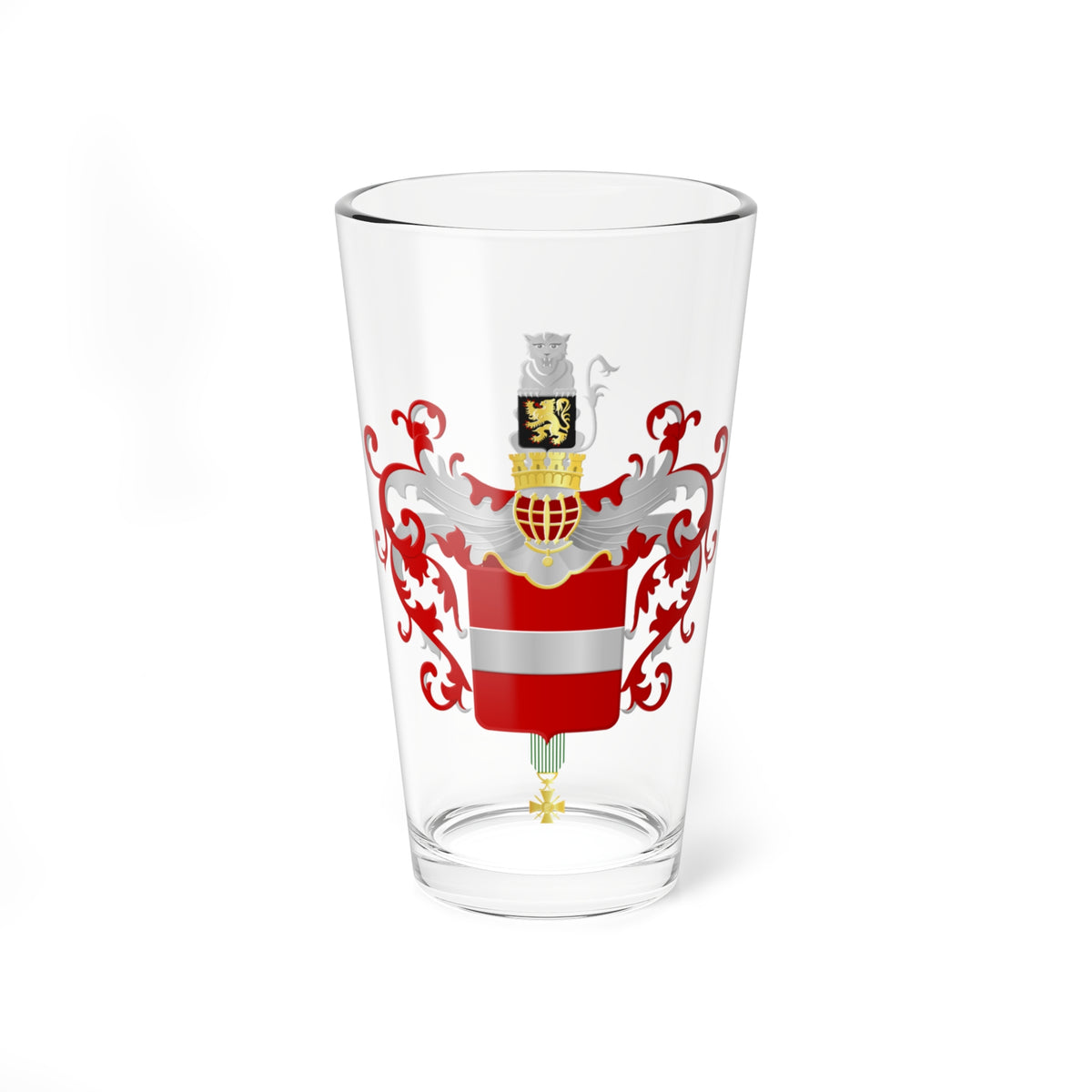 Heraldic achievement with a red shield, a silver fess, a gold mural crown and a silver lion crest.