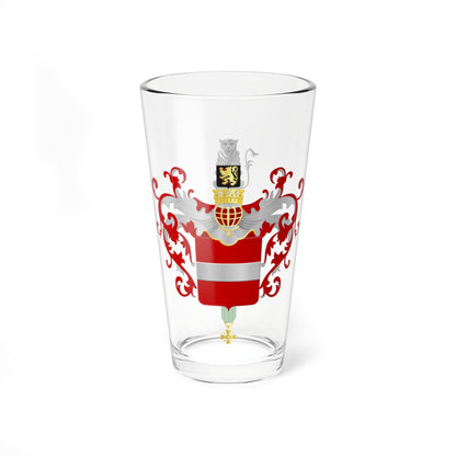 Heraldic achievement with a red shield, a silver fess, a gold mural crown and a silver lion crest.